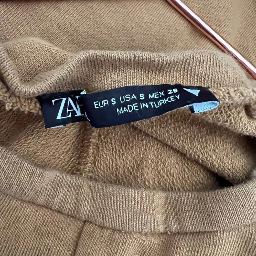 Zara Sweatshirt Tunic Top front pockets tan burnt yellow